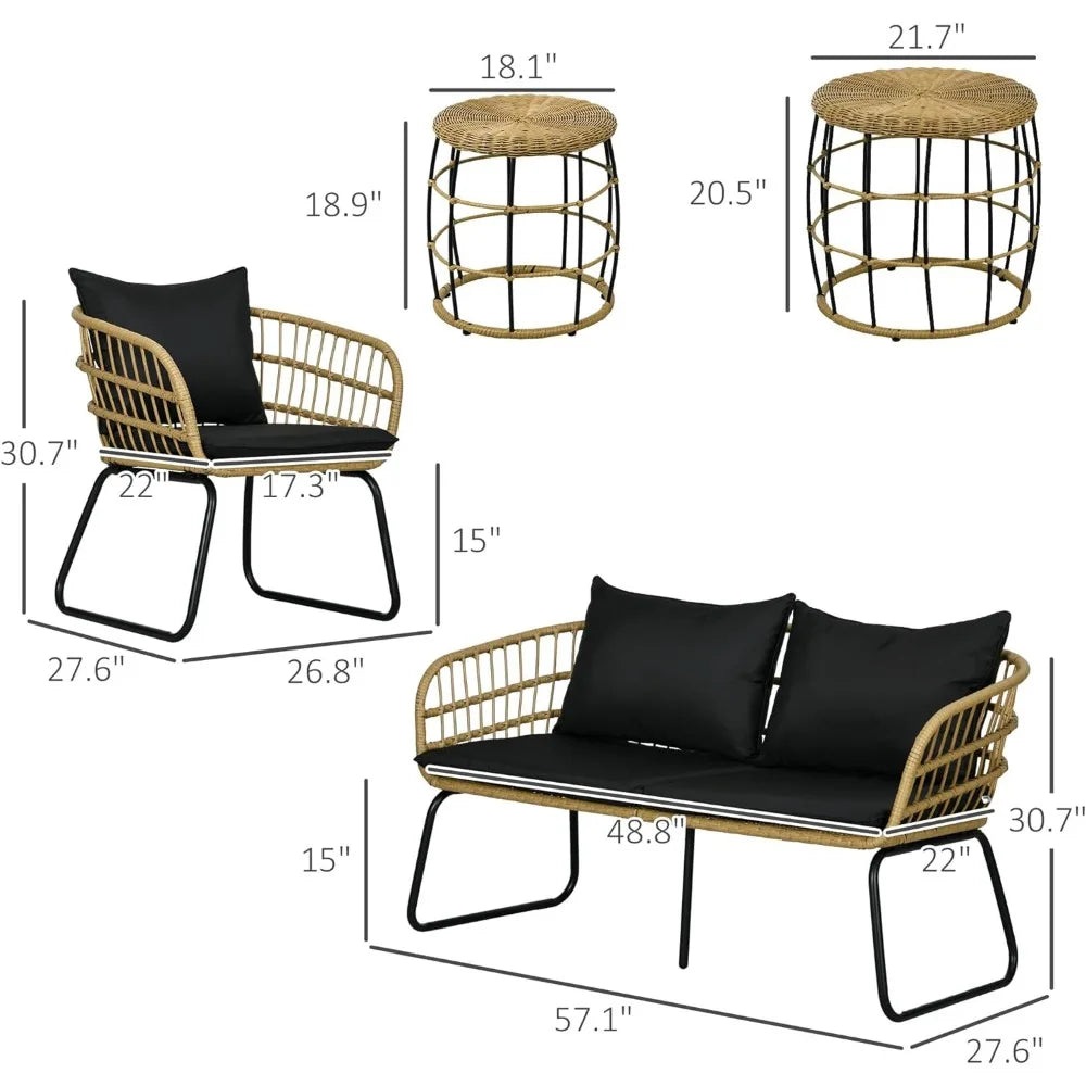 Handwoven PE Rattan + Metal Loveseat, 2-Chairs, 2-Tables Set w/ Cushions.