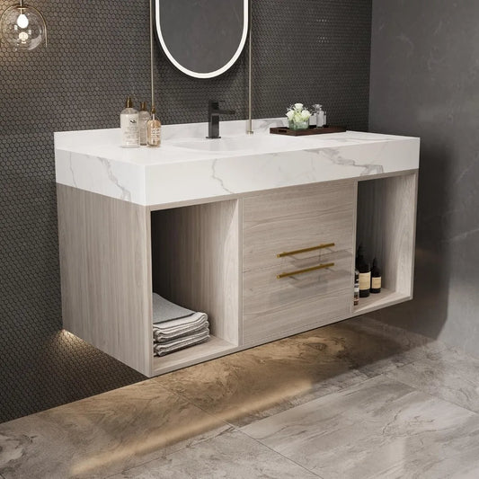 Wall Mounted Floating Vanity w/ Ceramic Sink + Faux Marble Top, Backsplash.