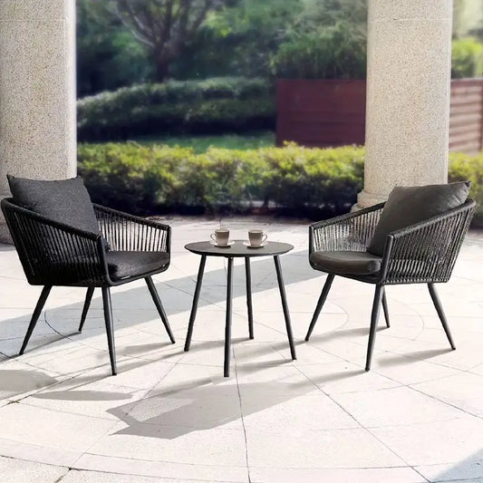 3pcs Aluminum Frame Woven Rope Design Chairs, Set of 2 w/ Cushions + GlassTop Side Table.