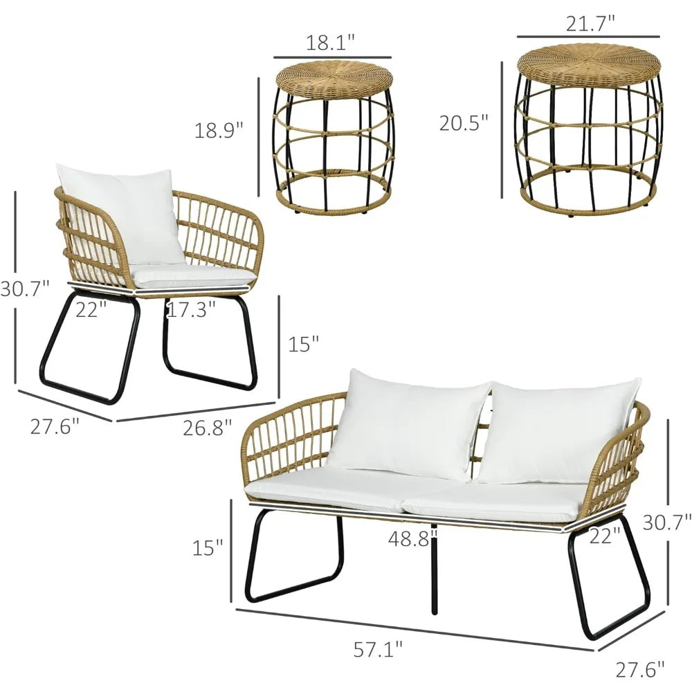 Handwoven PE Rattan + Metal Loveseat, 2-Chairs, 2-Tables Set w/ Cushions.
