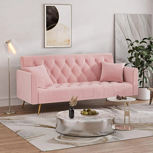 Modern Futon Sleeper-Sofa w/ 3-Backrest Adjustments, 2-Pillows, Tufted Velvet Upholstered.
