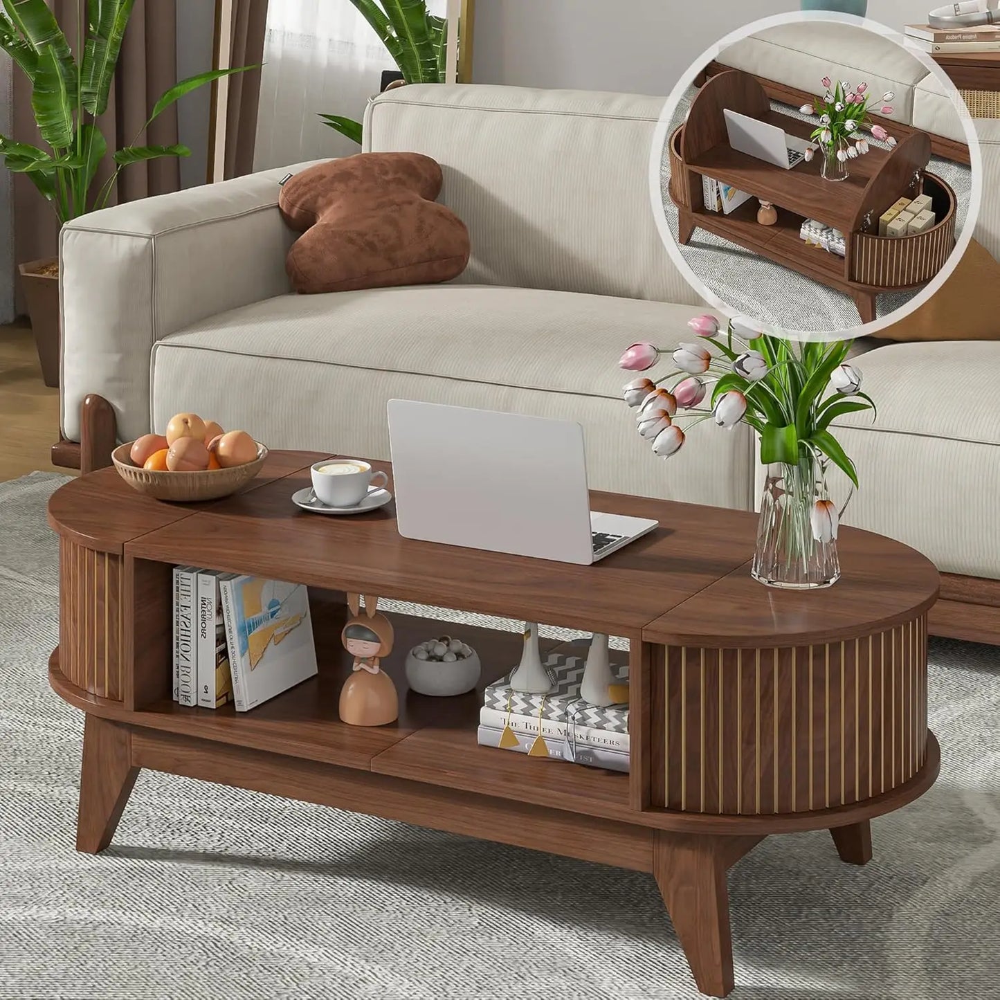 Mid-Century Modern Oval Coffee Table w/ Shelf + Hidden Storage.