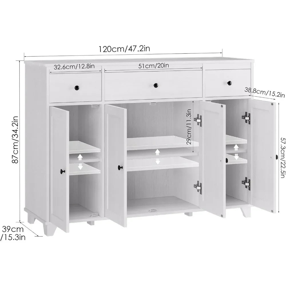 Versatile Cabinet, Dining Sideboard Buffet or Dry Bar w/ Drawers, Shelf Storage + Doors.