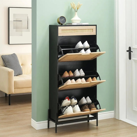 Modern Metal + Rattan Cabinet for Shoe Storage w/ 3-Flip Drawers.