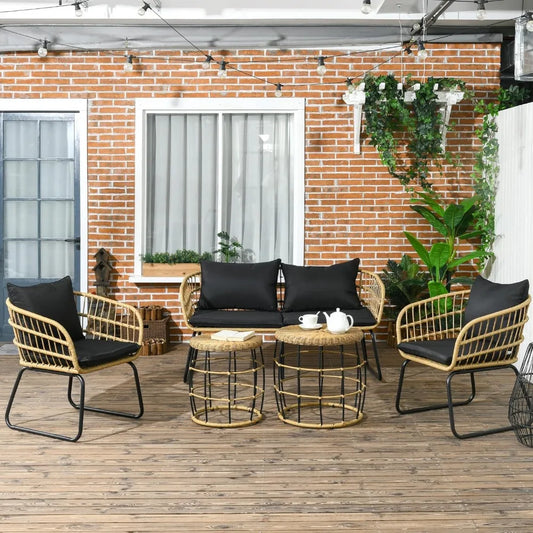 Handwoven PE Rattan + Metal Loveseat, 2-Chairs, 2-Tables Set w/ Cushions.
