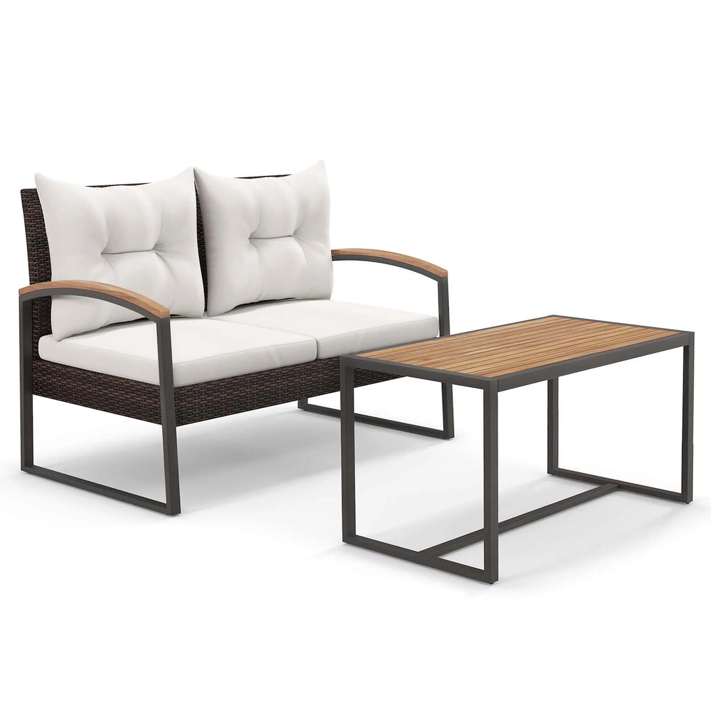 High Quality Acacia Wood + PE Wicker Bench, Table, Cushions Set