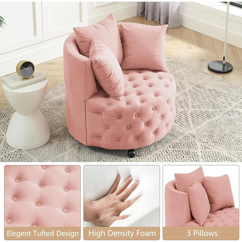Modern Button-Tufted Round Swivel Club Lounge Chair on Wheels w/ 3-Pillows.