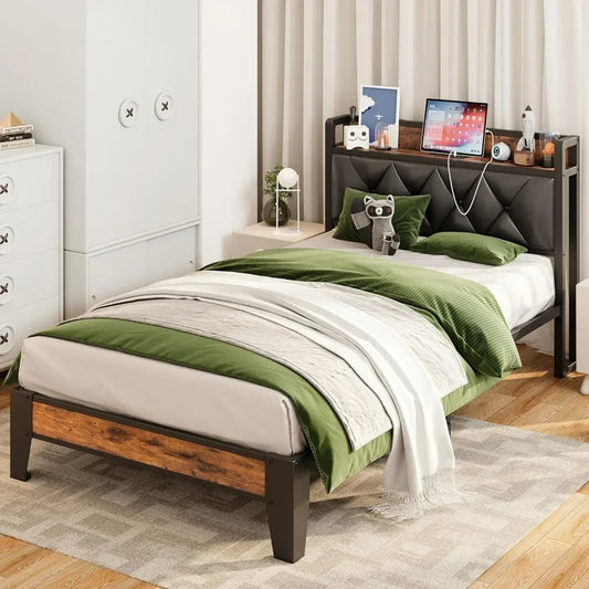 Twin Metal Platform Bed w/ Frame + Slat Supports. Tufted PU Leather HB, Wooden FB.