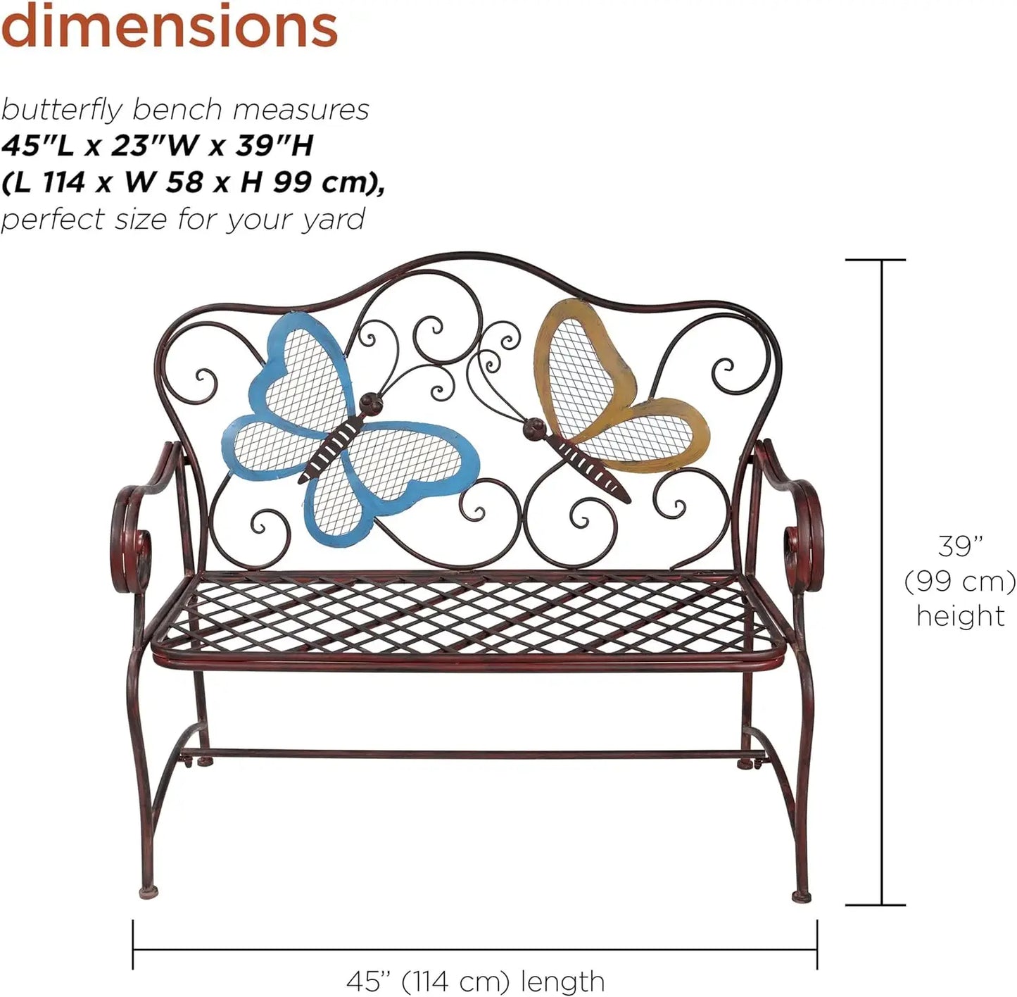 Durable Weather Resistant Iron Bench w/ Garden Butterfly Design.