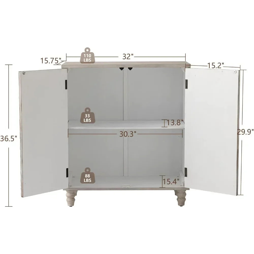 Accent Cabinet or Dining Sideboard Buffet w/ Shelf Storage + Decorative Doors.