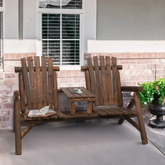 Carbonized Fir Wood Adirondack Chair Bench w/ Center Table.