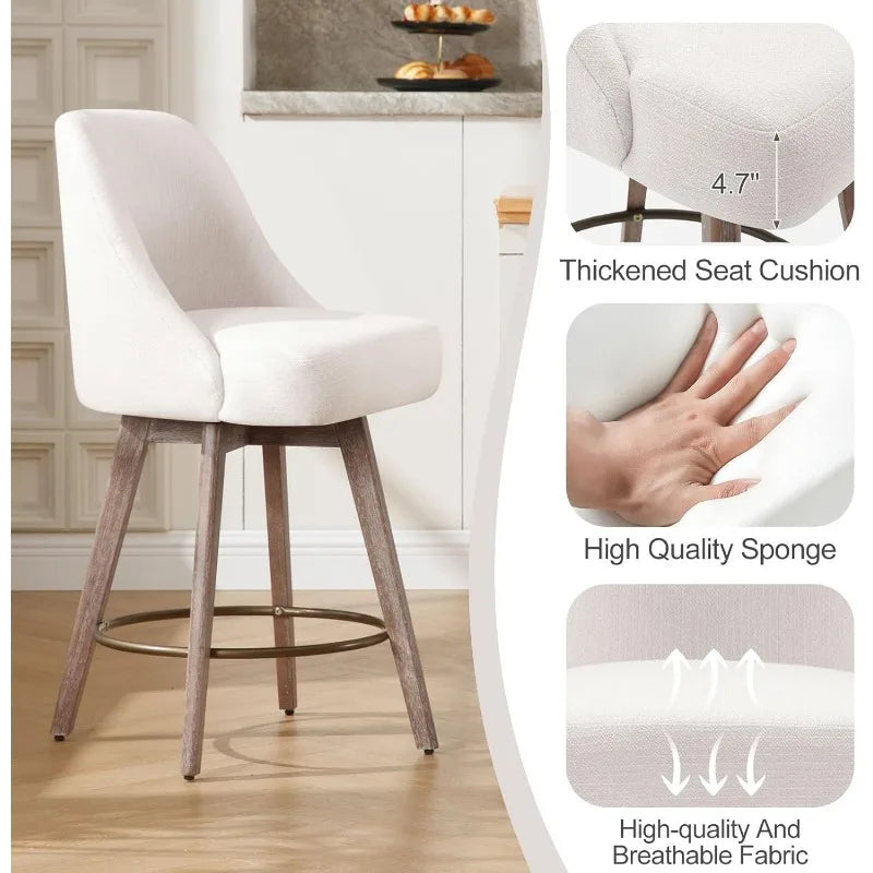 Ergonomic Swivel Bar Stool Chairs, Wood Base w/ Upholstered Linen or Faux Leather. Set of 2.
