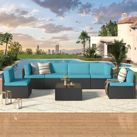 Woven PE Wicker Sectional Sofa, Chairs, Cushions + Tempered GlassTop Table Set