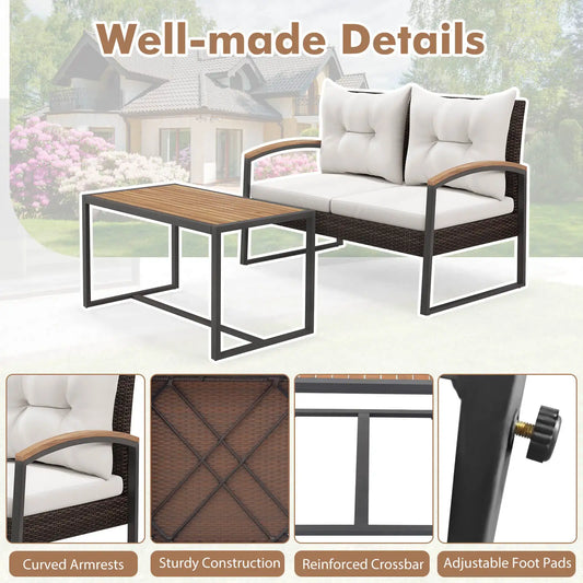 High Quality Acacia Wood + PE Wicker Bench, Table, Cushions Set