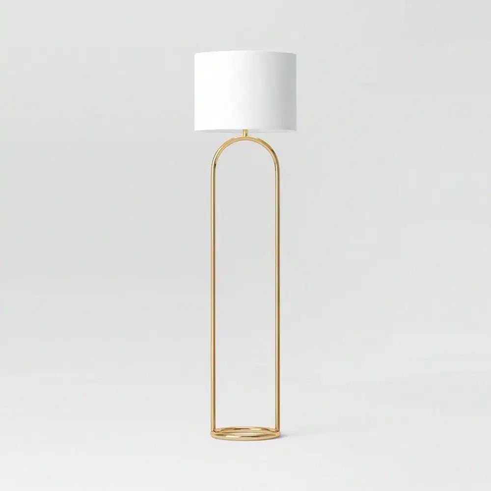 Metal Brass-Plated Floor Lamp w/ Rotary Switch, 3-Way Lighting + White Drum Shade.