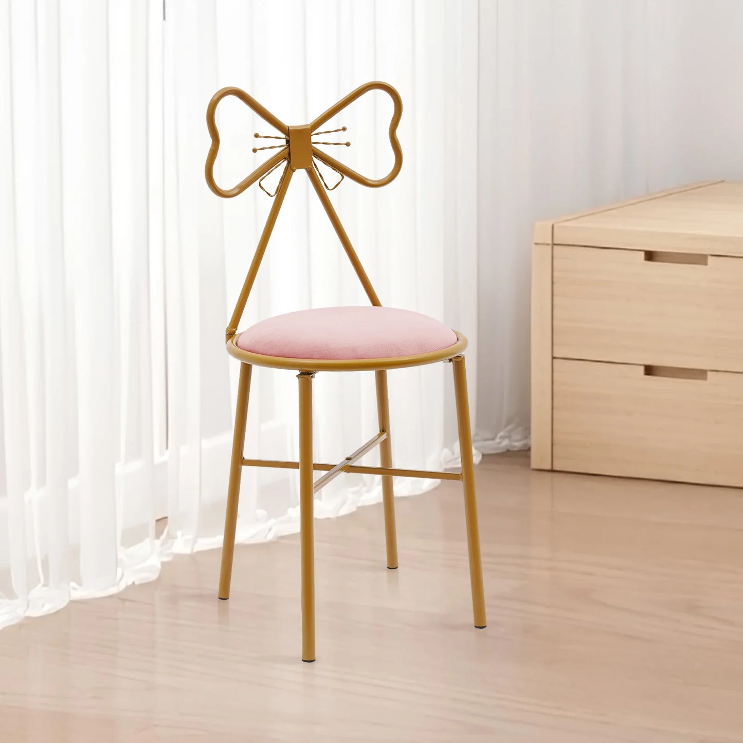 Gold Metal Framed Vanity Style Chair w/ Butterfly Bow Tie Backrest + Velvet Cushion.