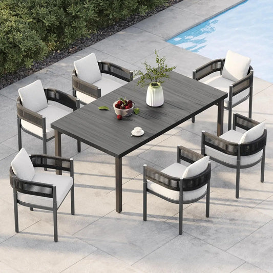 Durable Powder-Coated Steel Dining Table + Chair Sets w/ Woven Wicker + Seat Cushions.