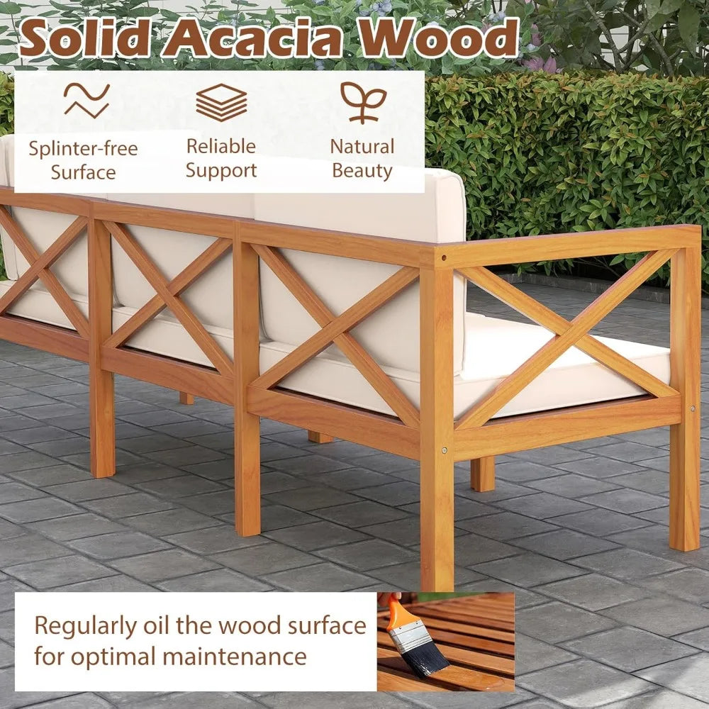 Modern L-Shaped Sofa Sectional Set w/ Cushions + Table. Solid Acacia Wood.
