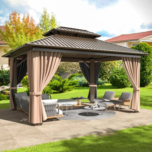 10x12ft Aluminum Metal Gazebo w/ Galvanized Steel Ventilated Roof, Nettings + Curtains.