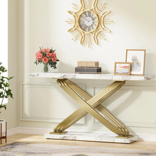 Modern Console or Sofa Table w/ Gold Interlock Support + Faux Marble Wood.