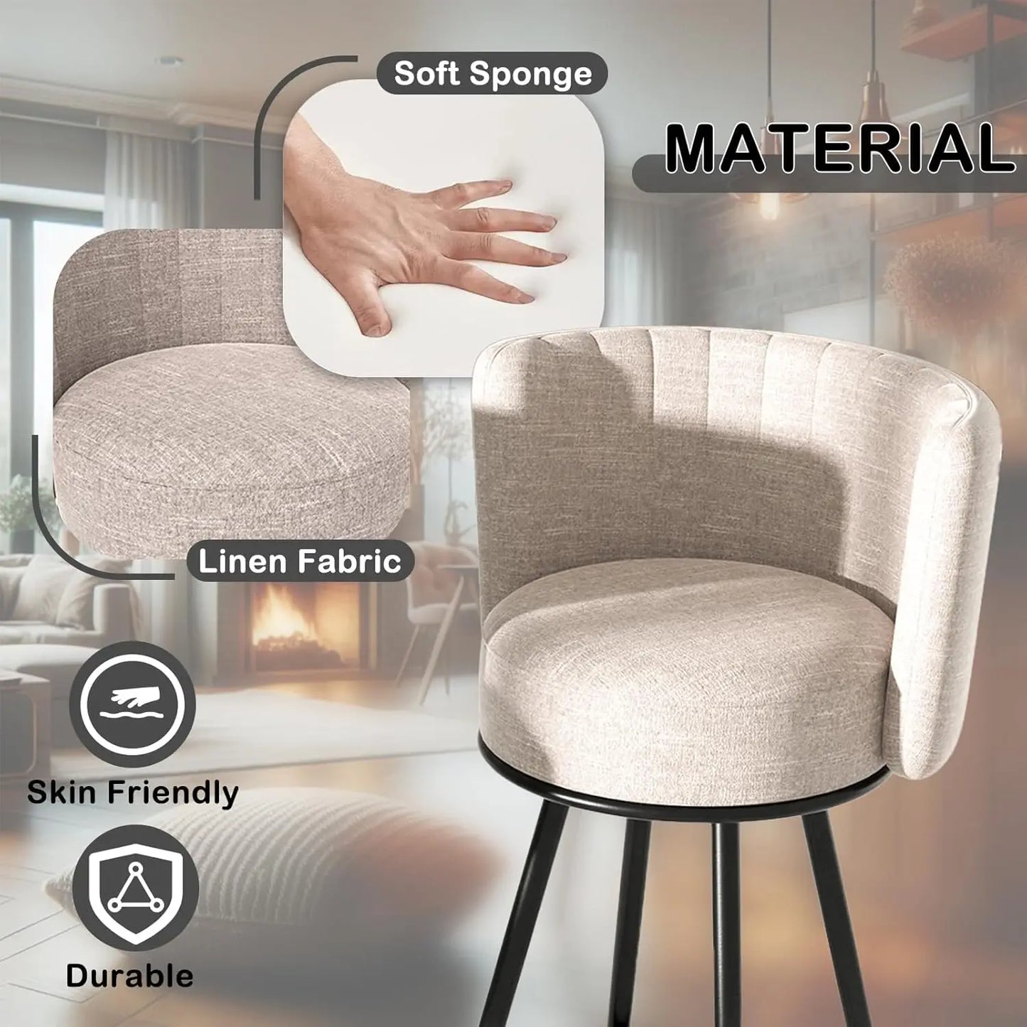 Modern White Upholstered + Tufted Bar Stool Chairs, Set Of 4.