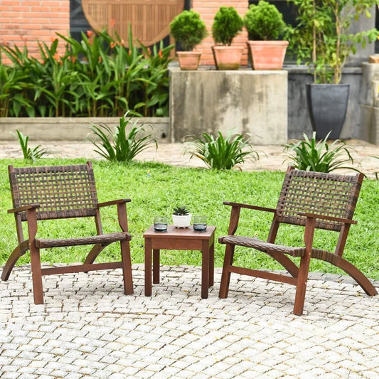 PE Wicker Rattan + Solid Eucalyptus Wood Table + Chair 3pcs Set.
