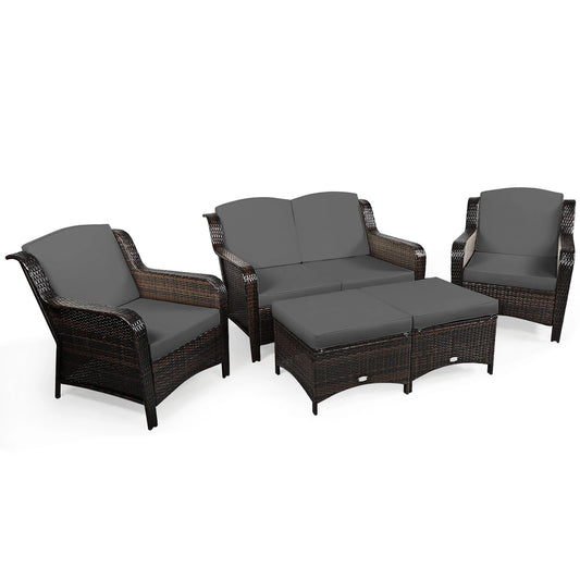 Durable + Versatile PE Rattan Loveseat, 2-Chairs, 2-Ottomans Set w/ Cushions.