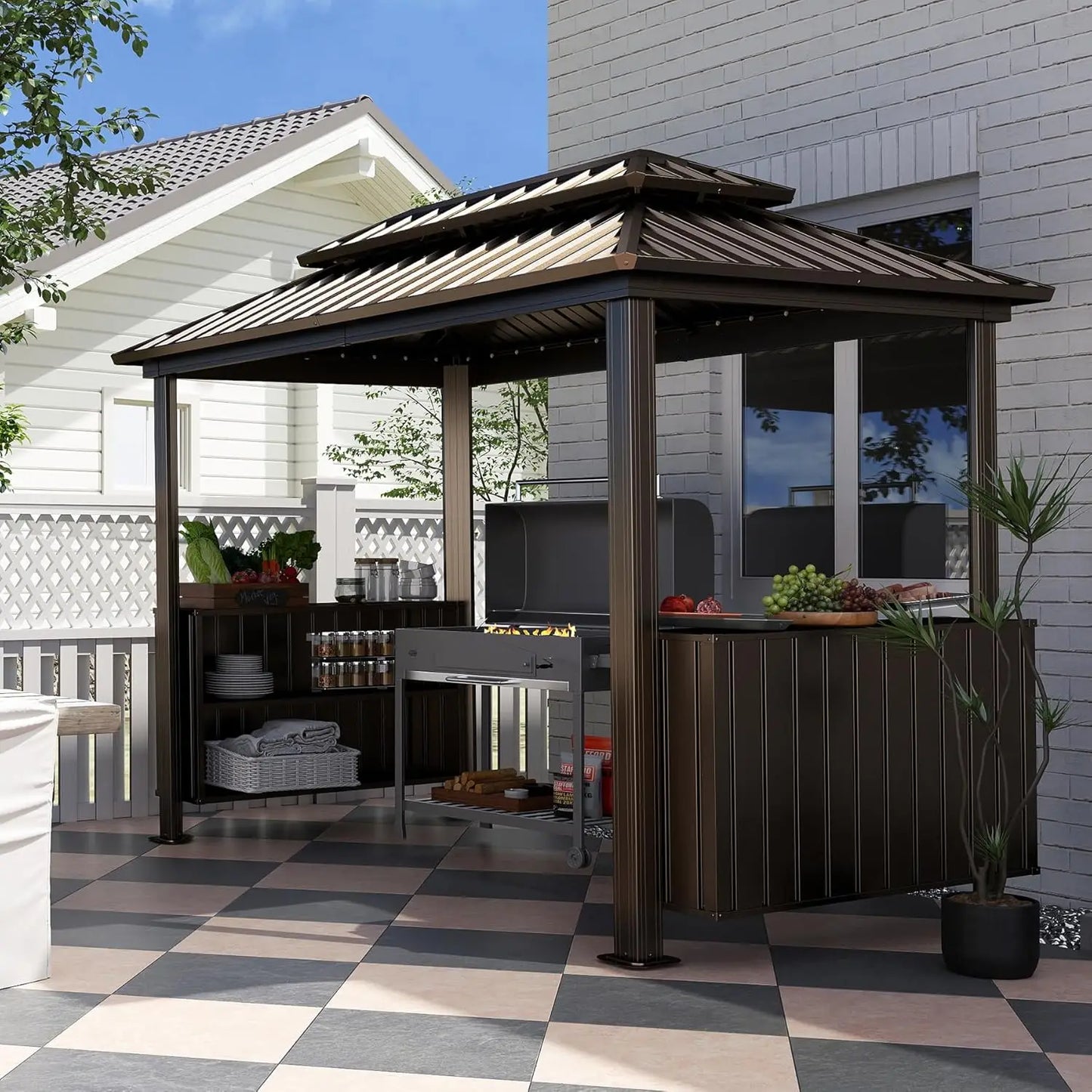 Galvanized Powder-Coated Steel Gazebo w/ 2-Tier Ventilated Roof + 2-Storage Cabinets