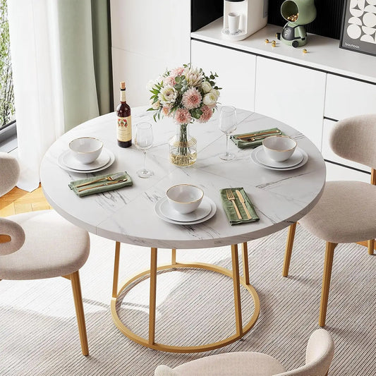 Modern Table w/ Elegant Gold Metal Base + Wooden Marble Top. Round or Oblong Available.