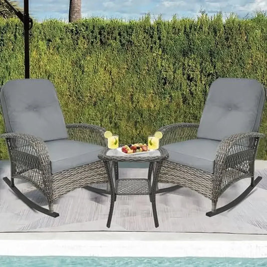 3pcs PE Resin Rattan Rocking Chair w/ Metal Frame + GlassTop Side Table Set.