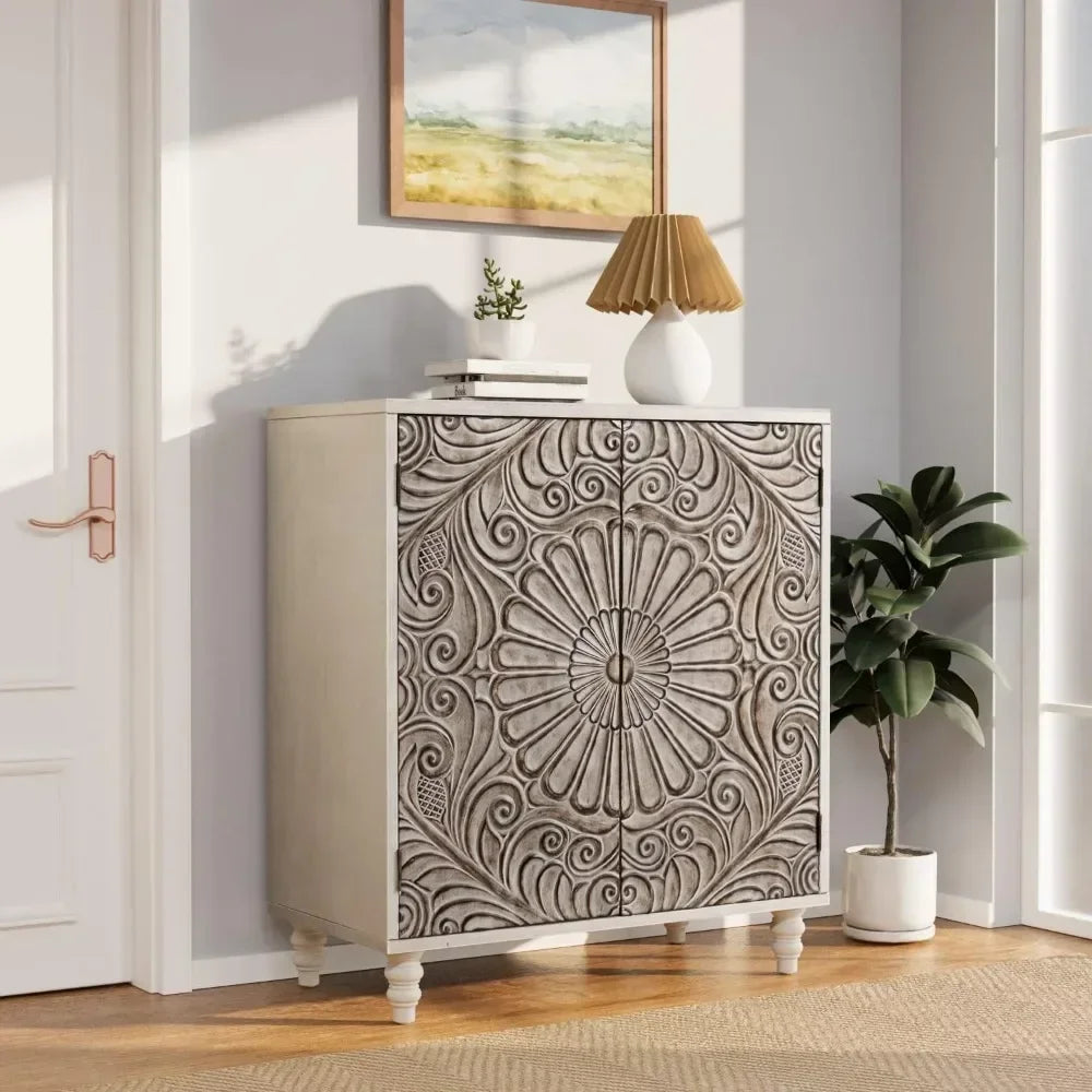 Accent Cabinet or Dining Sideboard Buffet w/ Shelf Storage + Decorative Doors.