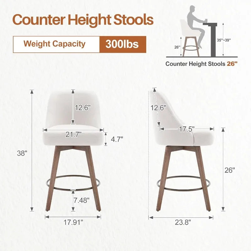 Ergonomic Swivel Bar Stool Chairs, Wood Base w/ Upholstered Linen or Faux Leather. Set of 2.