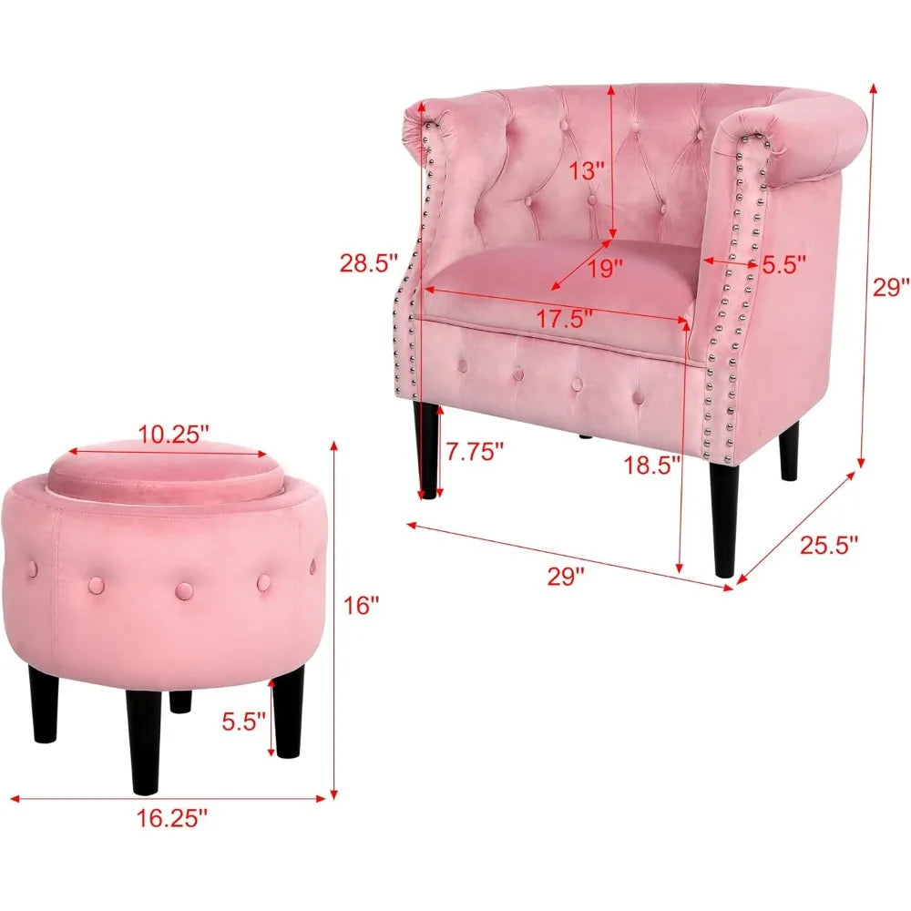 Chesterfield Design Velvet Button-Tufted Riveted Barrel Arm Chair + Storage Ottoman Set,
