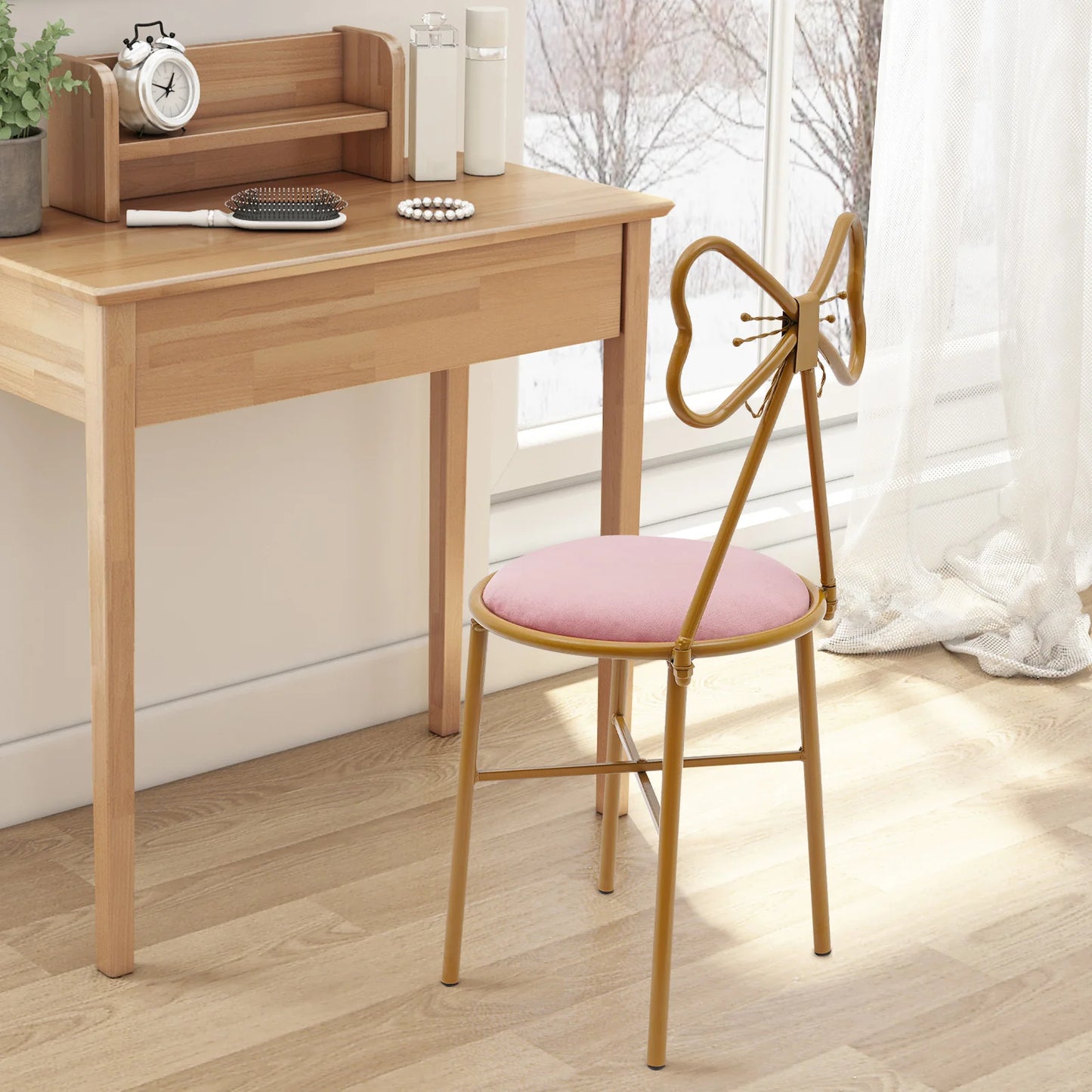 Gold Metal Framed Vanity Style Chair w/ Butterfly Bow Tie Backrest + Velvet Cushion.