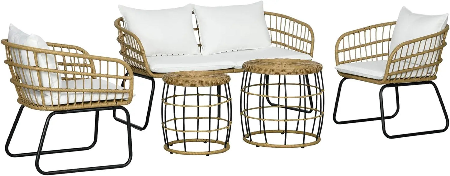 Handwoven PE Rattan + Metal Loveseat, 2-Chairs, 2-Tables Set w/ Cushions.