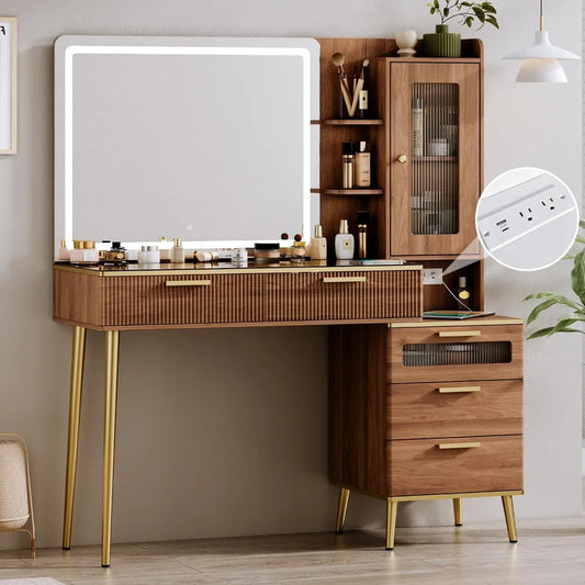 Modern Vanity w/ Mirror HD Light, 5-Drawers, Shelf Storage + Charging Station.