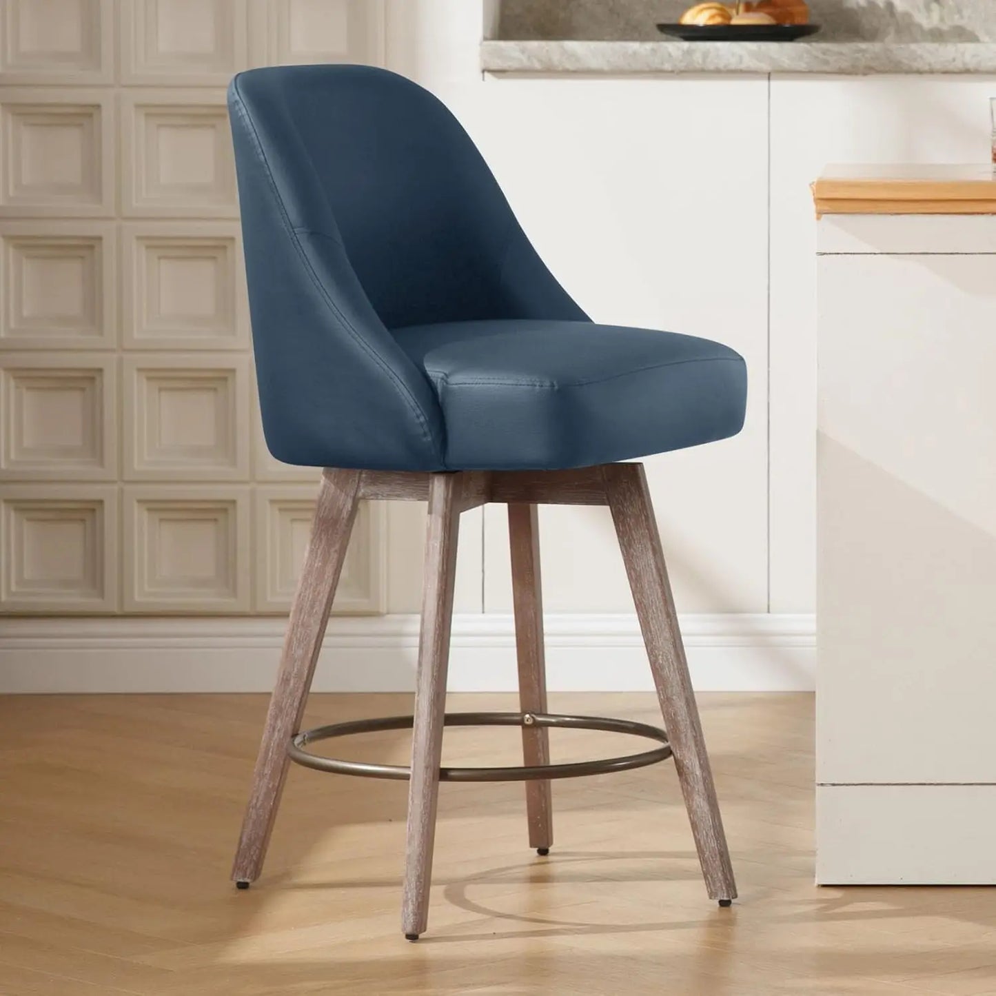 Ergonomic Swivel Bar Stool Chairs, Wood Base w/ Upholstered Linen or Faux Leather. Set of 2.