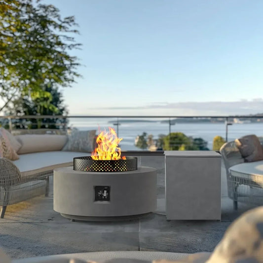 3-in-1 Round Propane Fire Pit Table w/ 65,000 BTU, Wind Guard + Side Tank Storage.