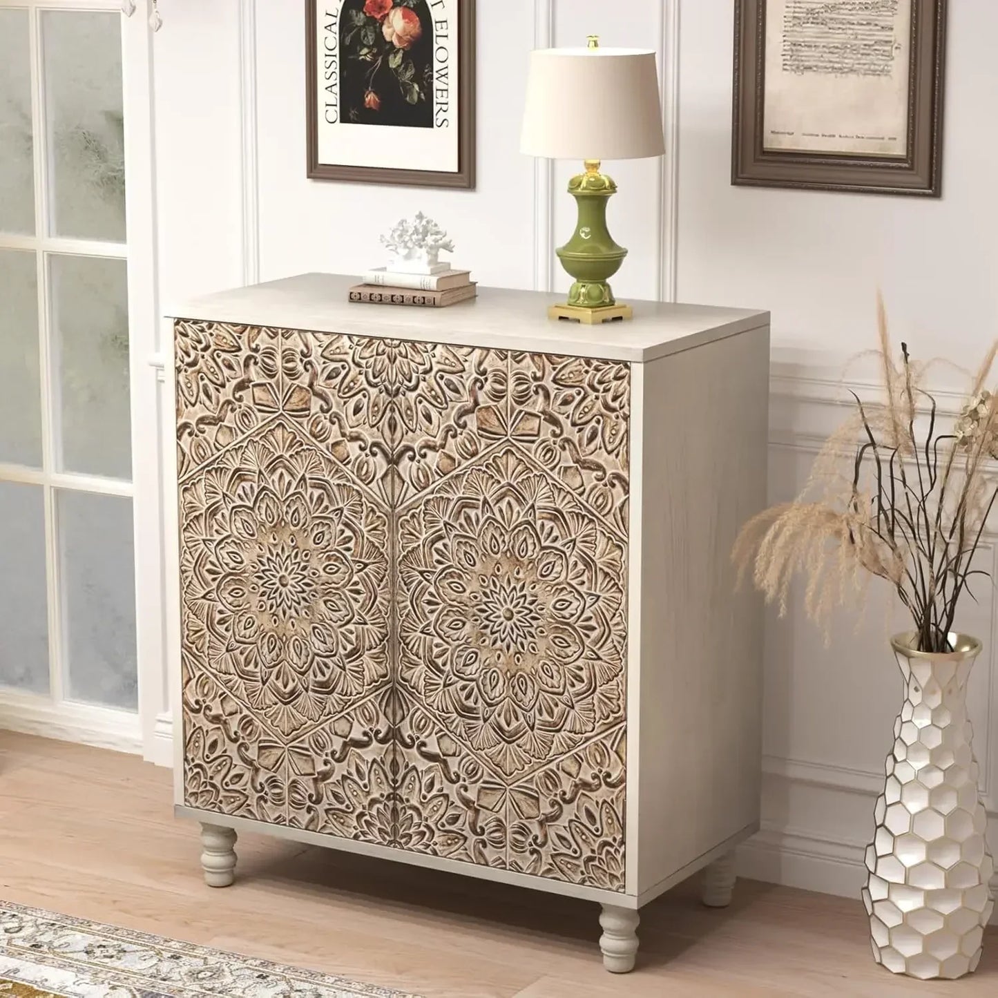 Accent Cabinet or Dining Sideboard Buffet w/ Shelf Storage + Decorative Doors.