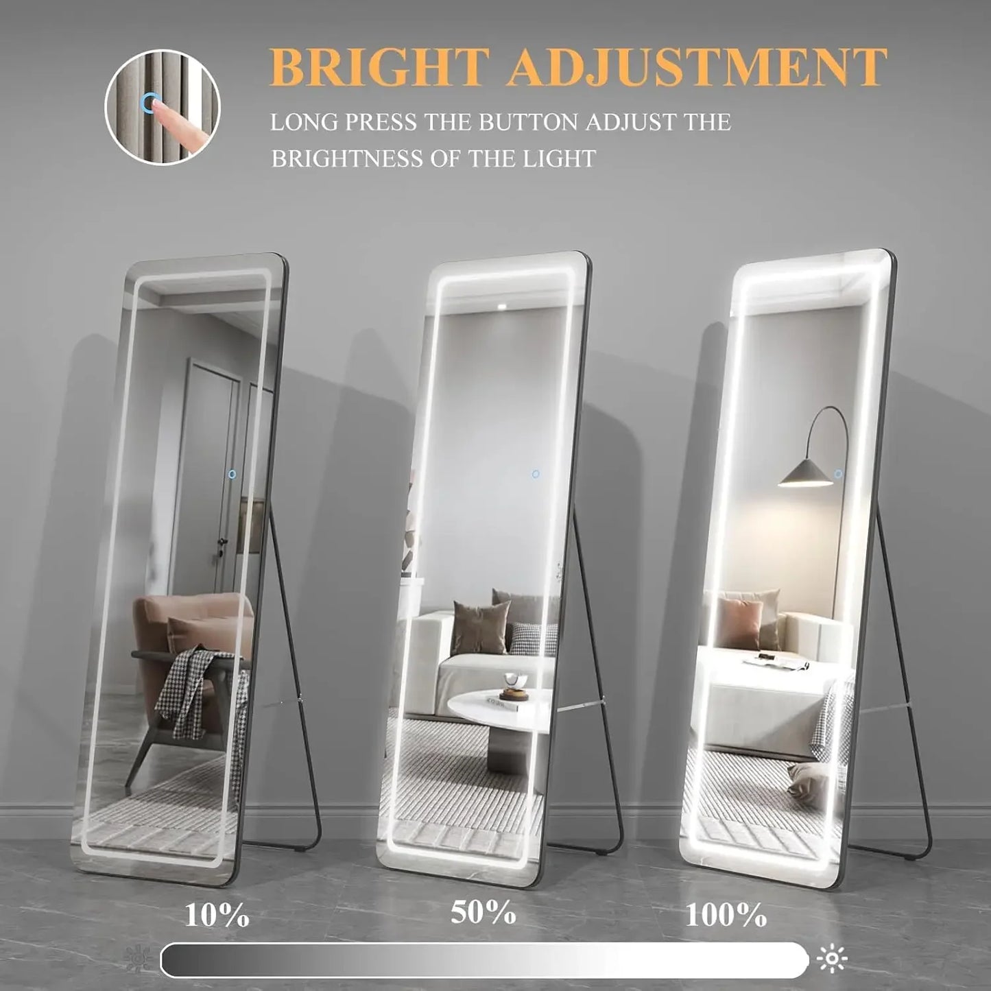 Modern Free Standing or Wall Mount Mirror w/ Dimming Light.
