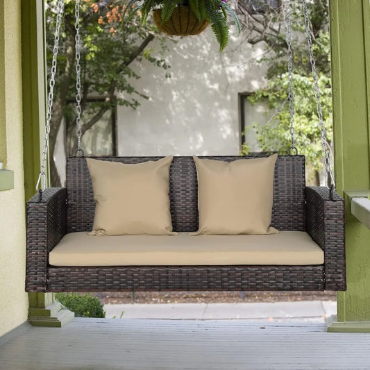 High Quality PE Wicker Rattan Hanging Bench Swing w/ Cushions + Hardware.