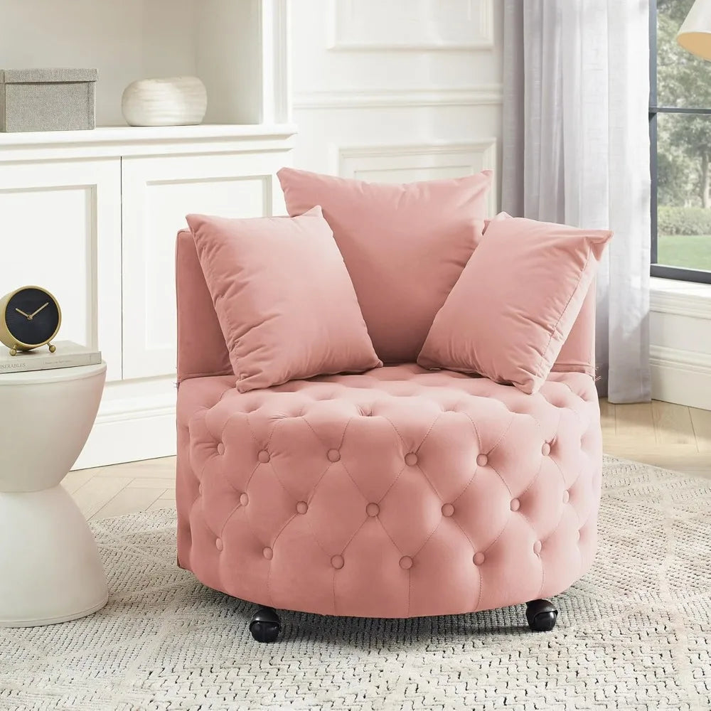 Modern Button-Tufted Round Swivel Club Lounge Chair on Wheels w/ 3-Pillows.