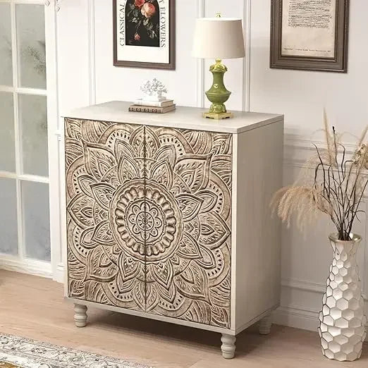 Accent Cabinet or Dining Sideboard Buffet w/ Shelf Storage + Decorative Doors.