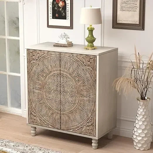 Accent Cabinet or Dining Sideboard Buffet w/ Shelf Storage + Decorative Doors.