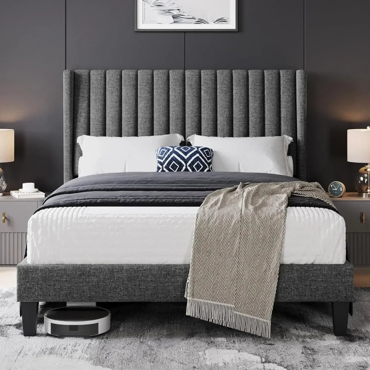 Queen Linen Upholstered Platform Bed HB,FB, Frame w/ Wood Slat Supports.