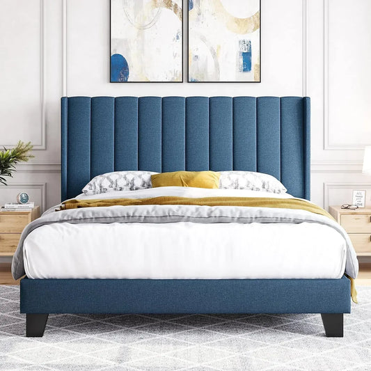 Queen Linen Upholstered Platform Bed HB,FB, Frame w/ Wood Slat Supports.