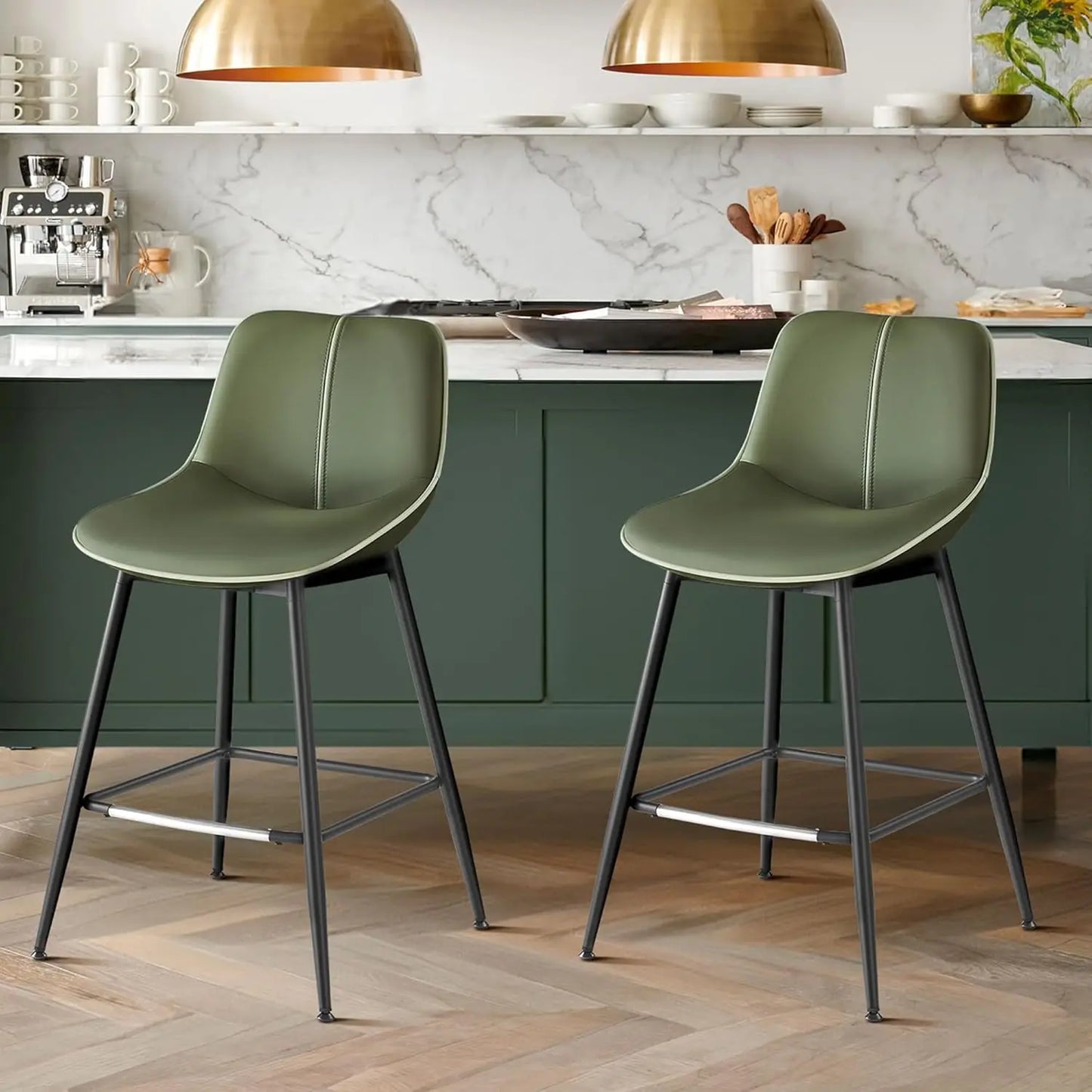 Metal Base PU Leather Ergonomic Backrest Bar Stool Chairs, Set of 2.