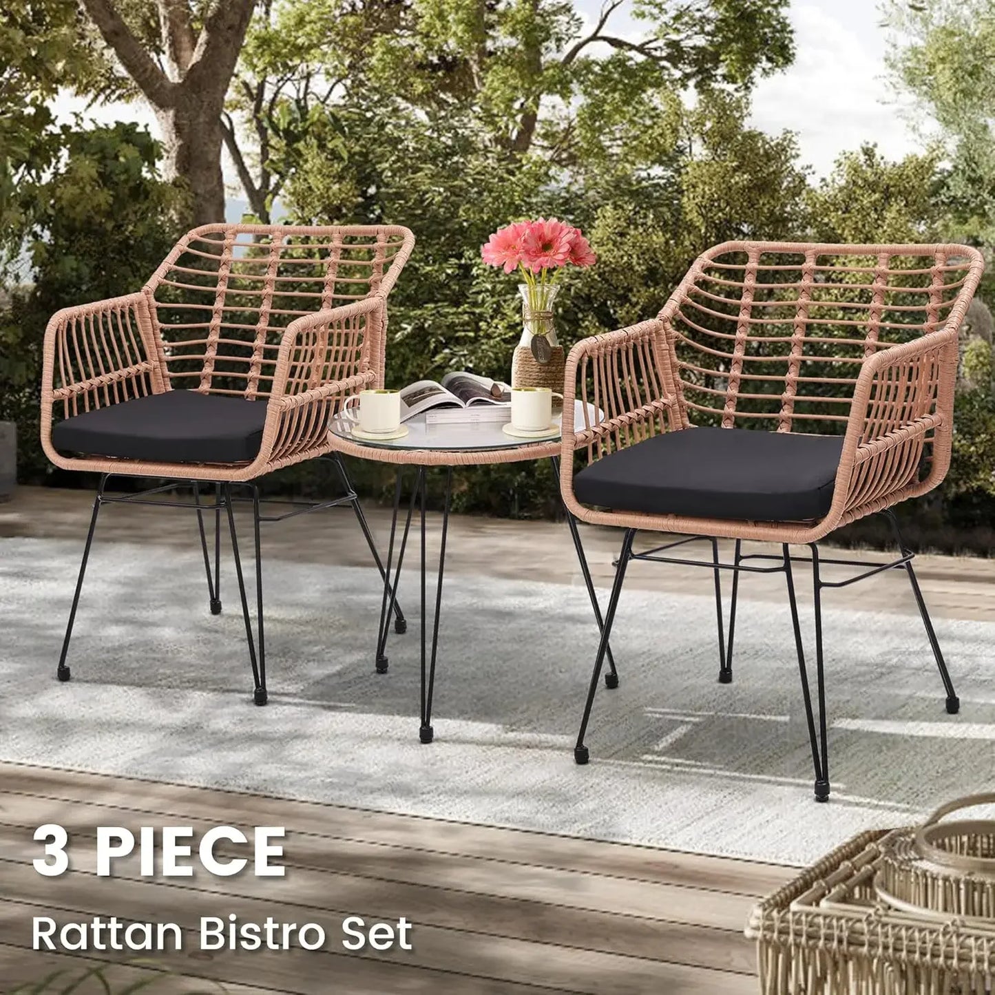 Thick Round Rattan Arm Chairs + Table Set w/ Sturdy Steel Frame + Tempered Glass Top.