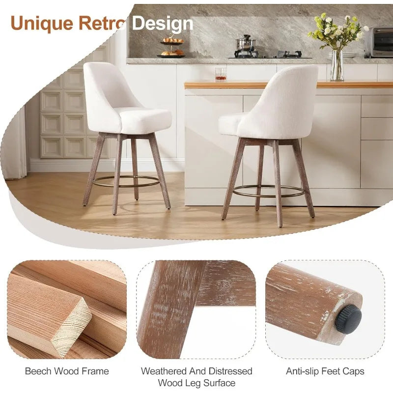 Ergonomic Swivel Bar Stool Chairs, Wood Base w/ Upholstered Linen or Faux Leather. Set of 2.