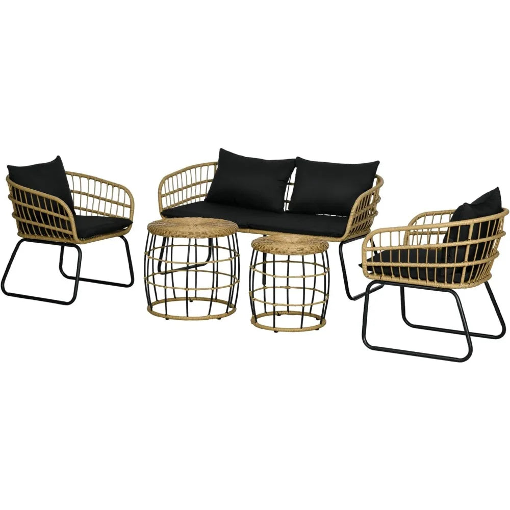 Handwoven PE Rattan + Metal Loveseat, 2-Chairs, 2-Tables Set w/ Cushions.